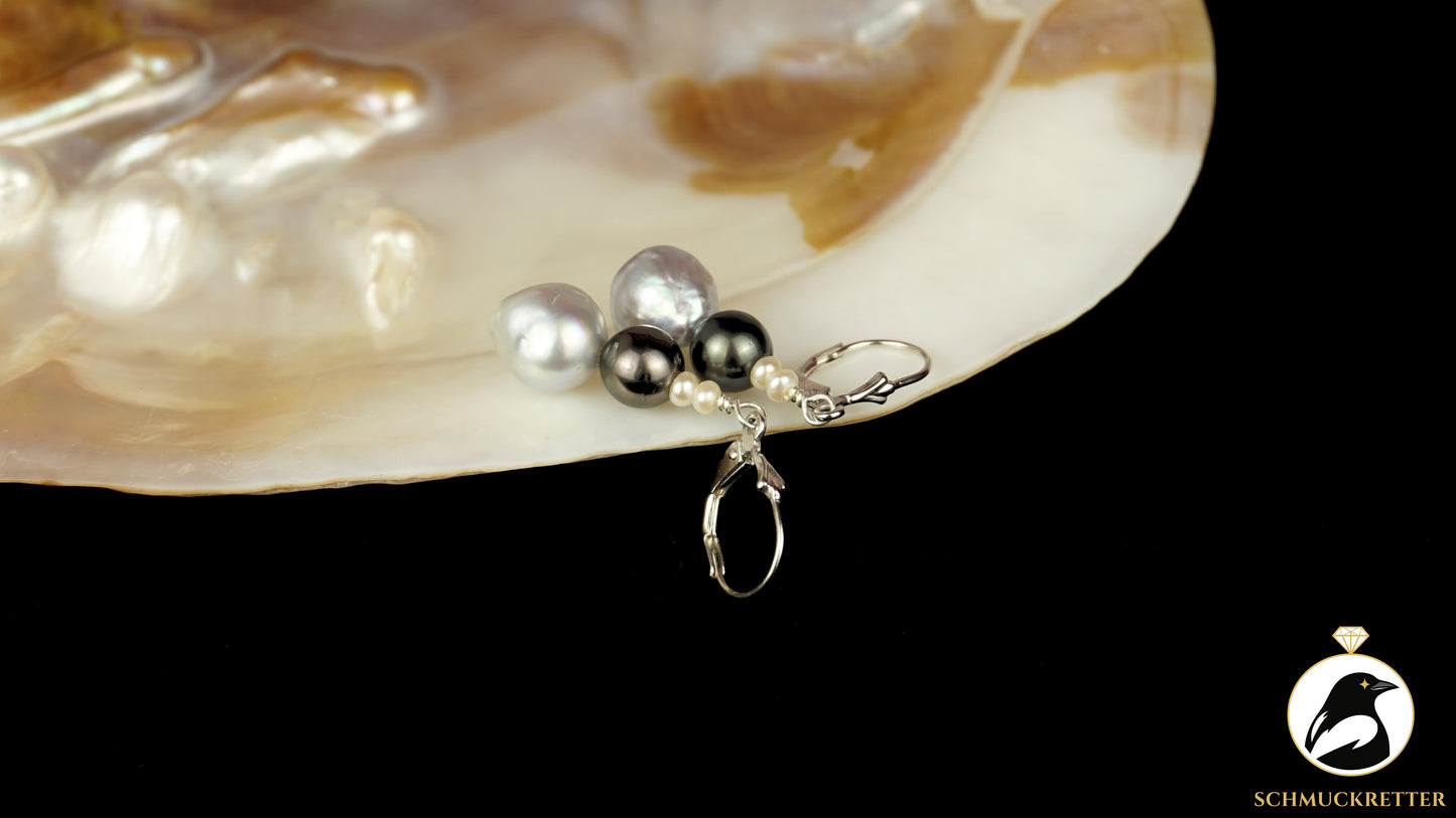 Perlentrio-Ohrringe mit Tahiti, Barock & Süßwasserperle - aus 925 Silber