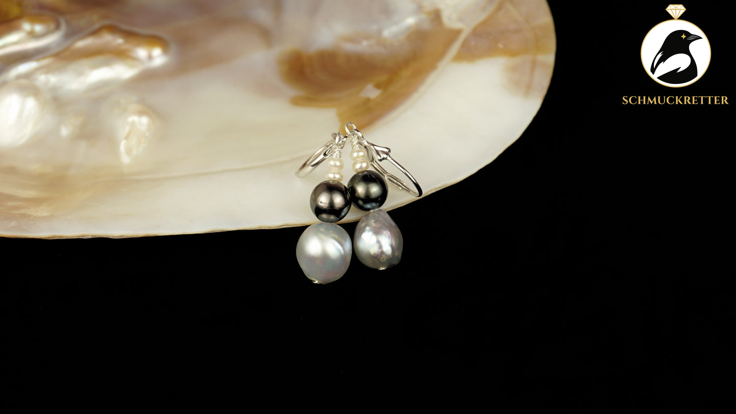 Perlentrio-Ohrringe mit Tahiti, Barock & Süßwasserperle - aus 925 Silber