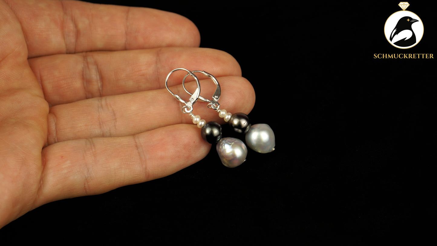 Perlentrio-Ohrringe mit Tahiti, Barock & Süßwasserperle - aus 925 Silber