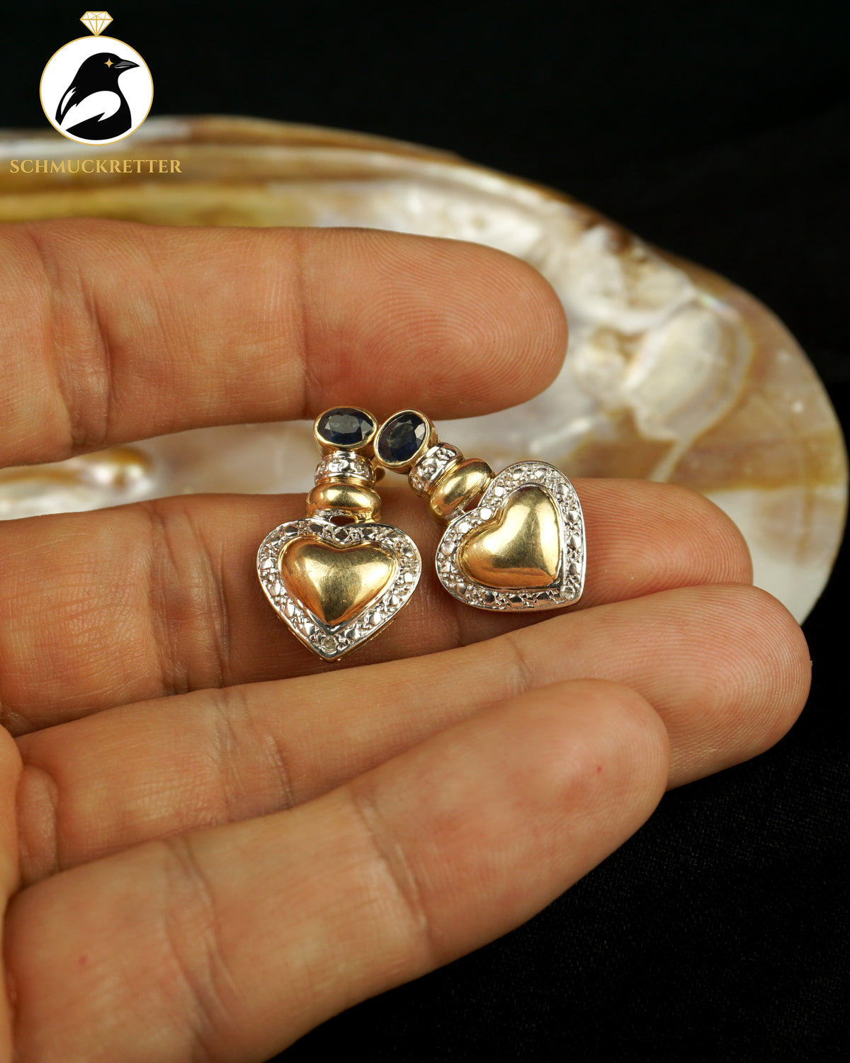 Herz-Ohrstecker mit Saphir & Diamant gefasst in 333 Gold