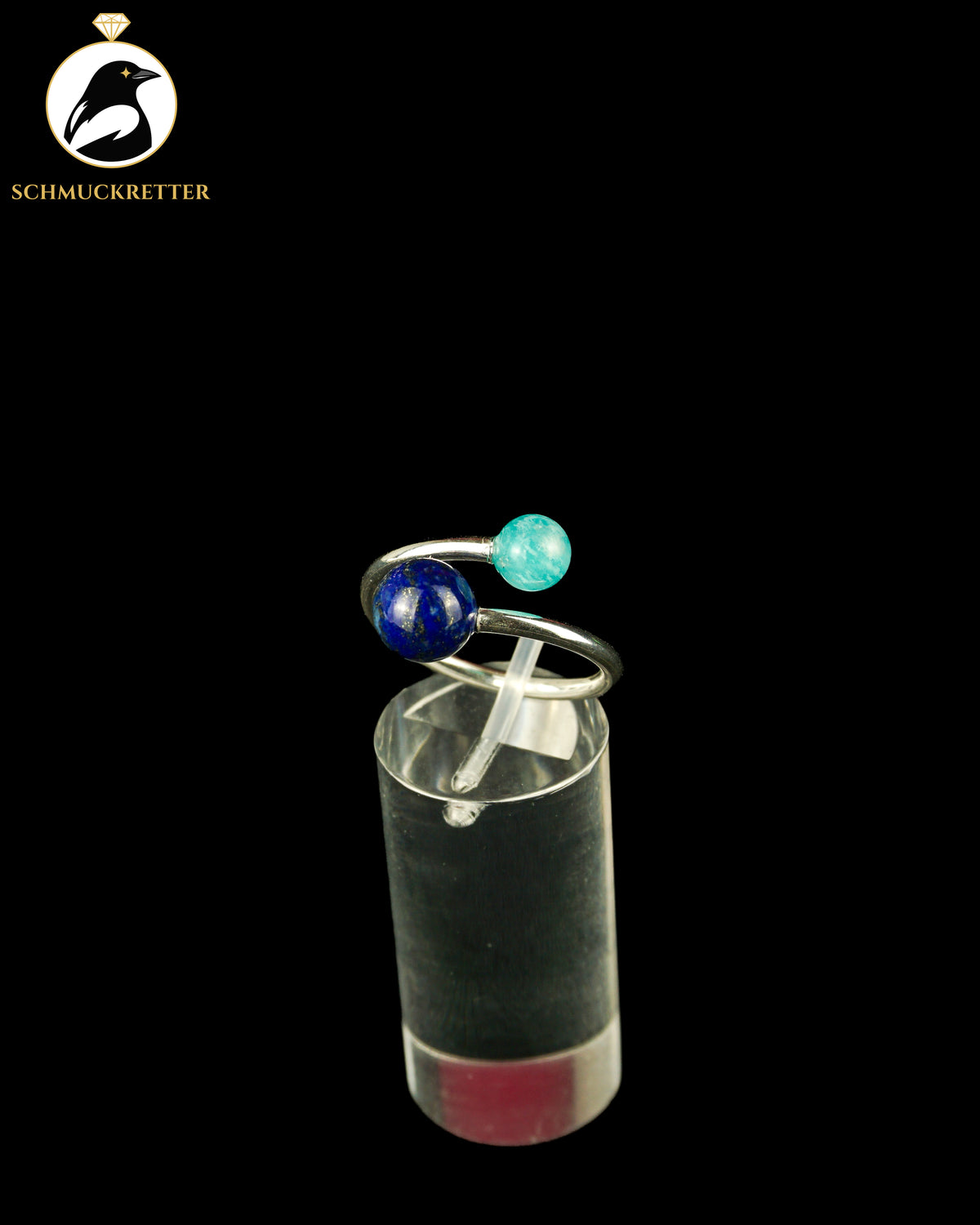 Double Trouble | Offener Kugelring mit Amazonit & Lapislazuli aus 925 Silber, Gr. 56/57
