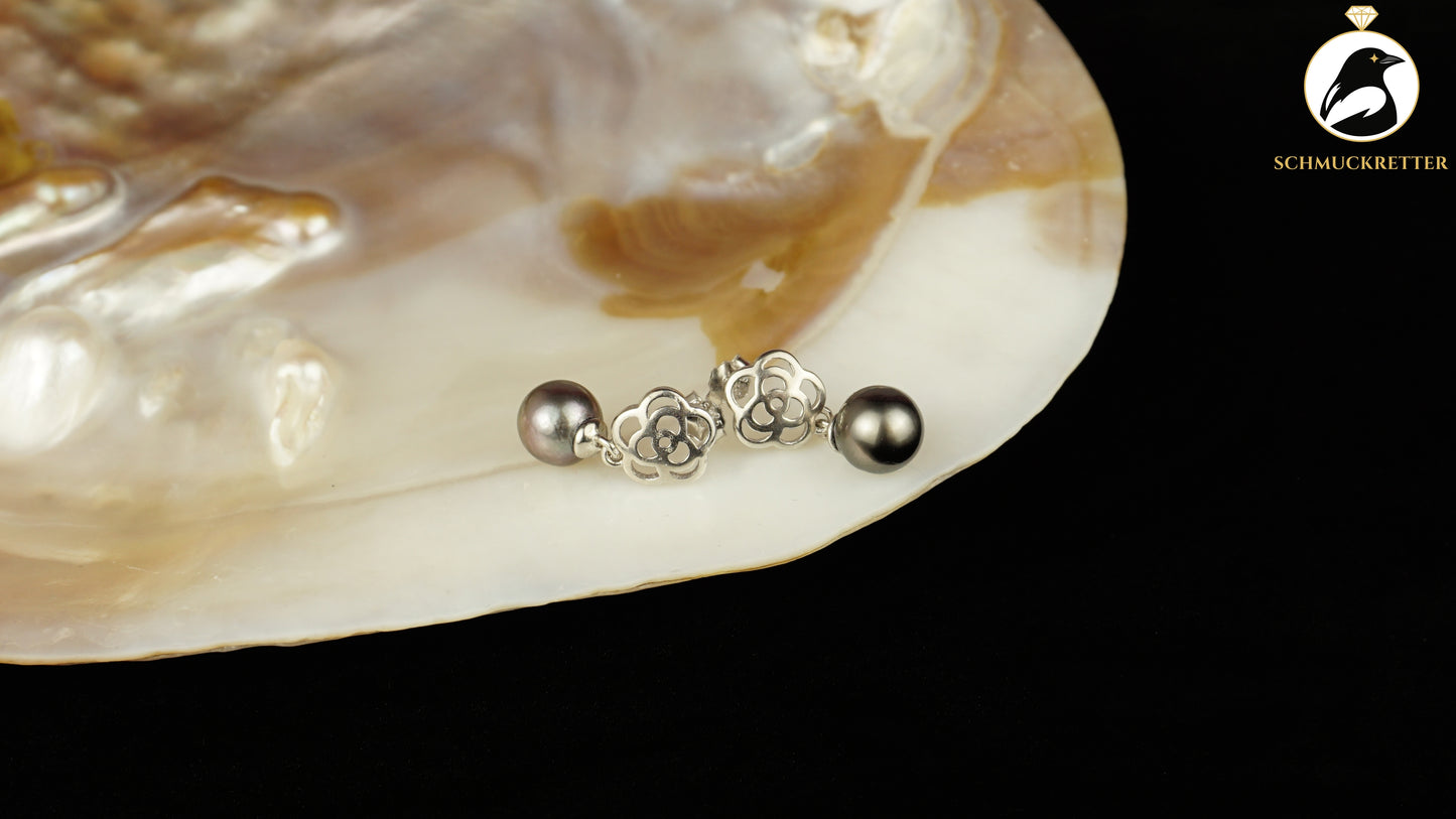 Tahitiperlen Ohrringe mit floraler 925 Silber Fassung