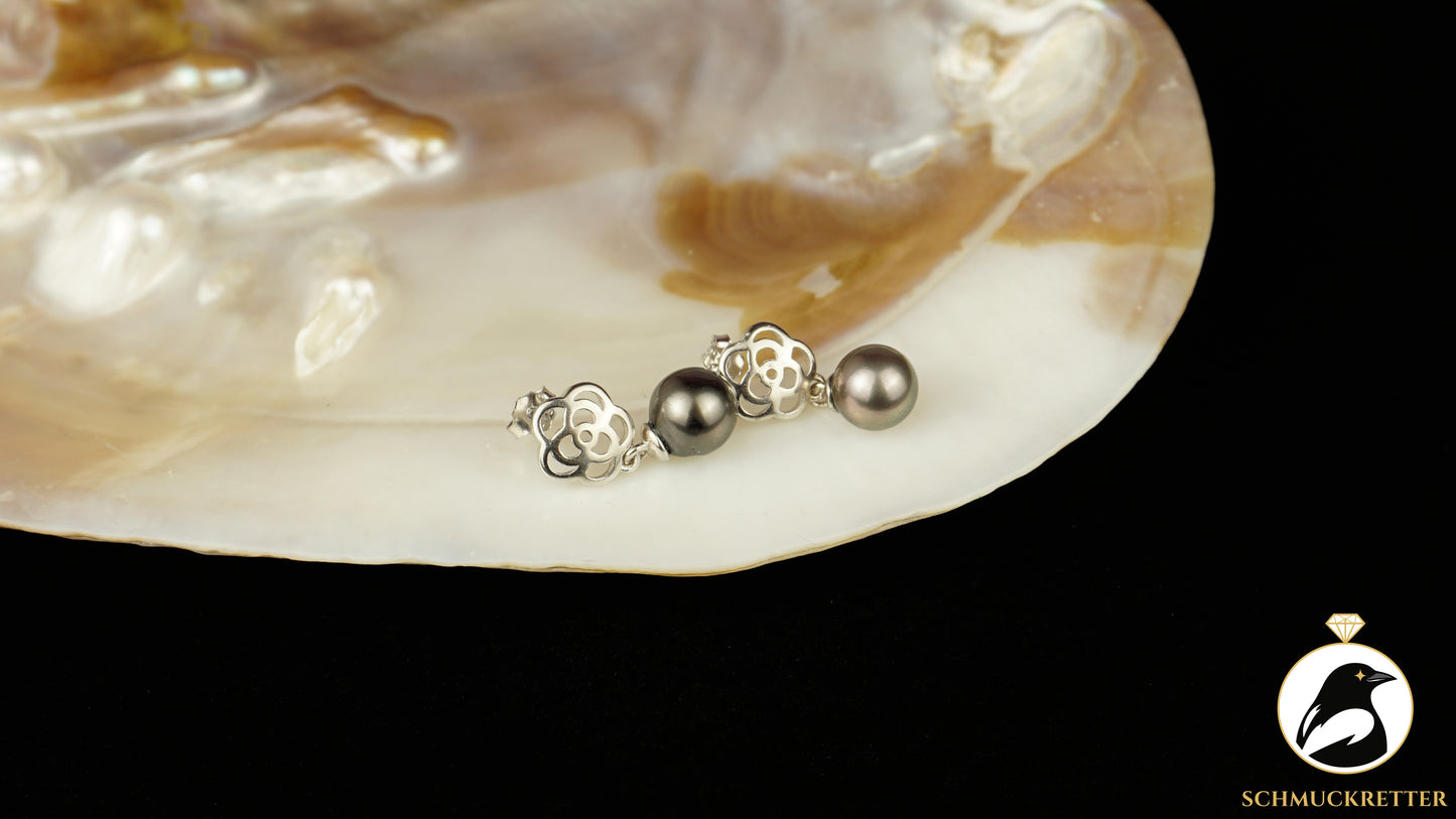 Tahitiperlen Ohrringe mit floraler 925 Silber Fassung