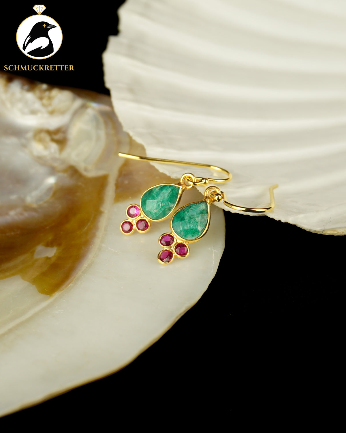 Vergoldete Tropfenohrringe mit Chalcedon & Smaragdersatz | 925 Silber Brisur