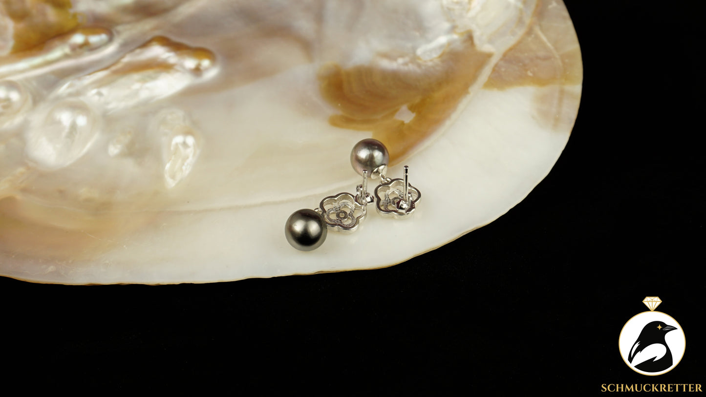 Tahitiperlen Ohrringe mit floraler 925 Silber Fassung