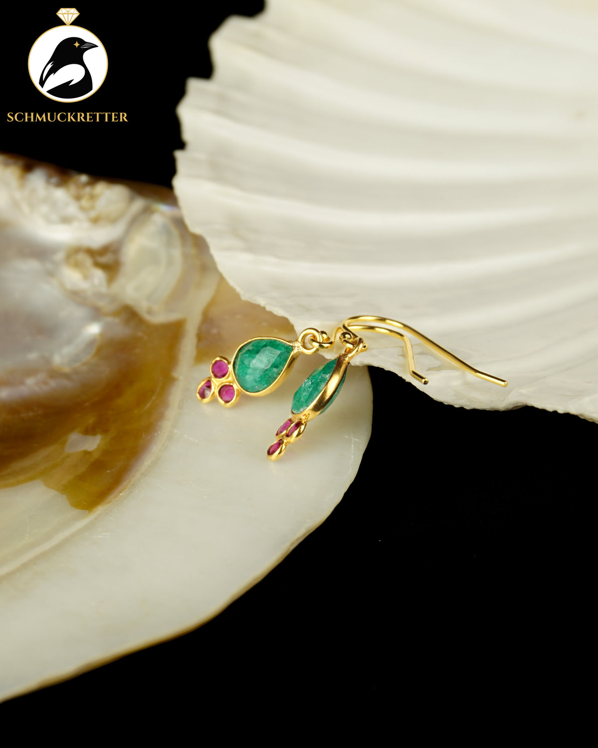 Vergoldete Tropfenohrringe mit Chalcedon & Smaragdersatz | 925 Silber Brisur