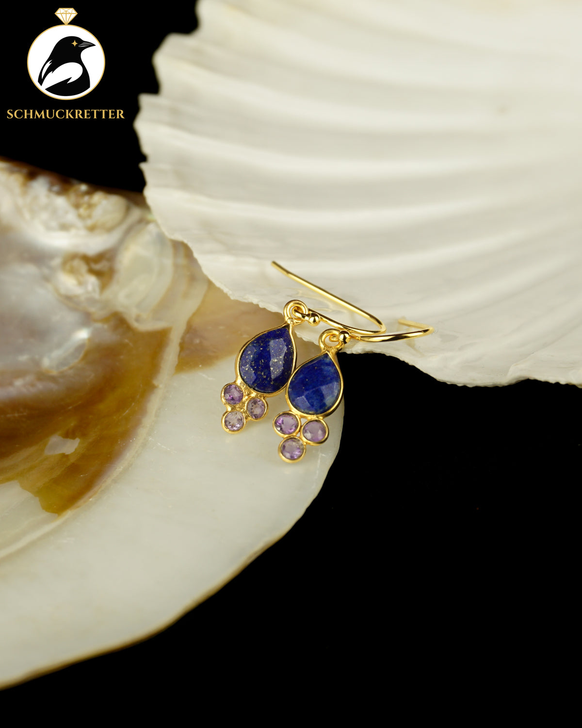 Vergoldete Tropfenohrringe mit Lapislazuli & Amethyst | 925 Silber Brisur