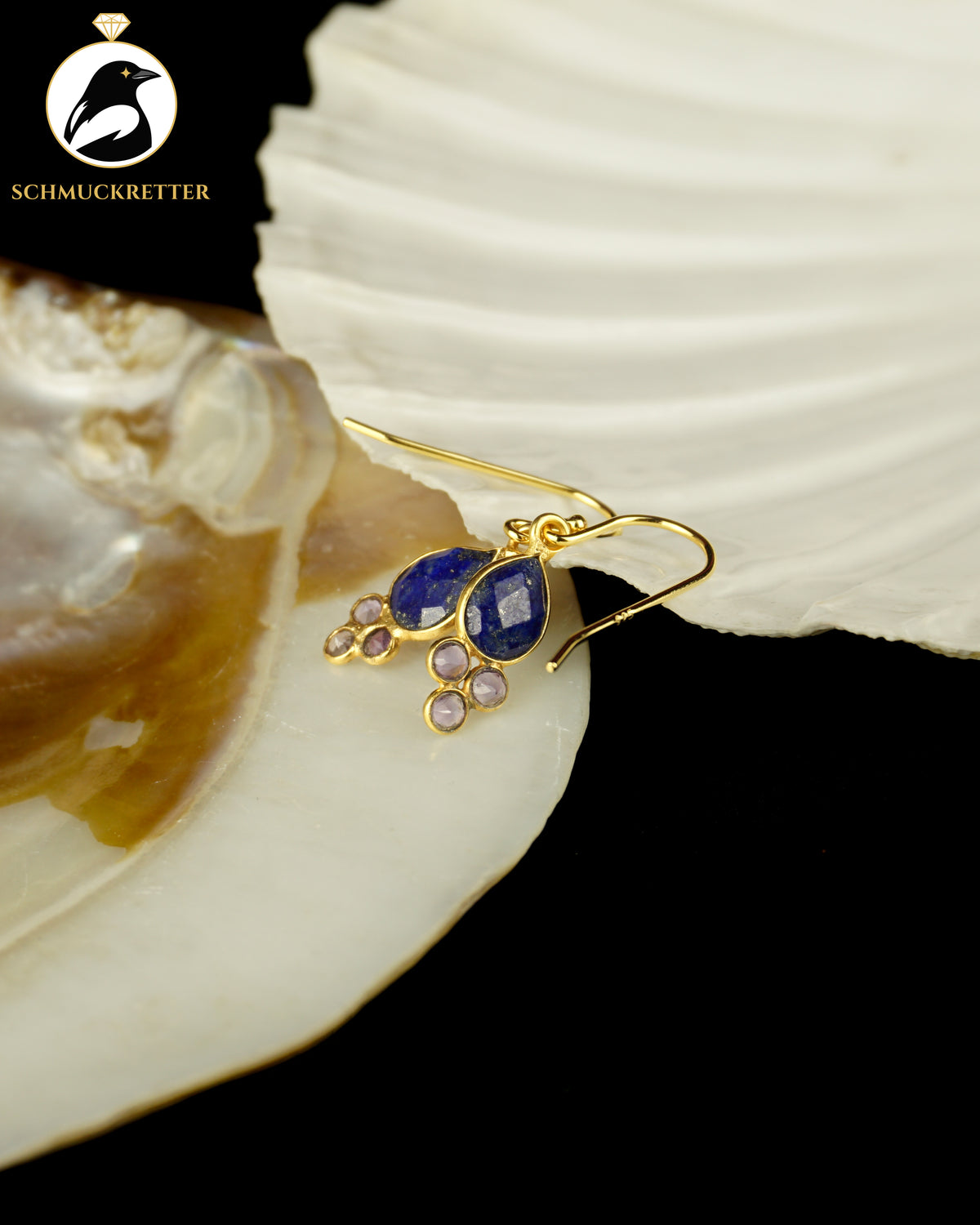 Vergoldete Tropfenohrringe mit Lapislazuli & Amethyst | 925 Silber Brisur