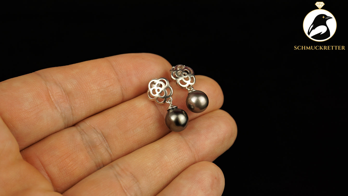 Tahitiperlen Ohrringe mit floraler 925 Silber Fassung