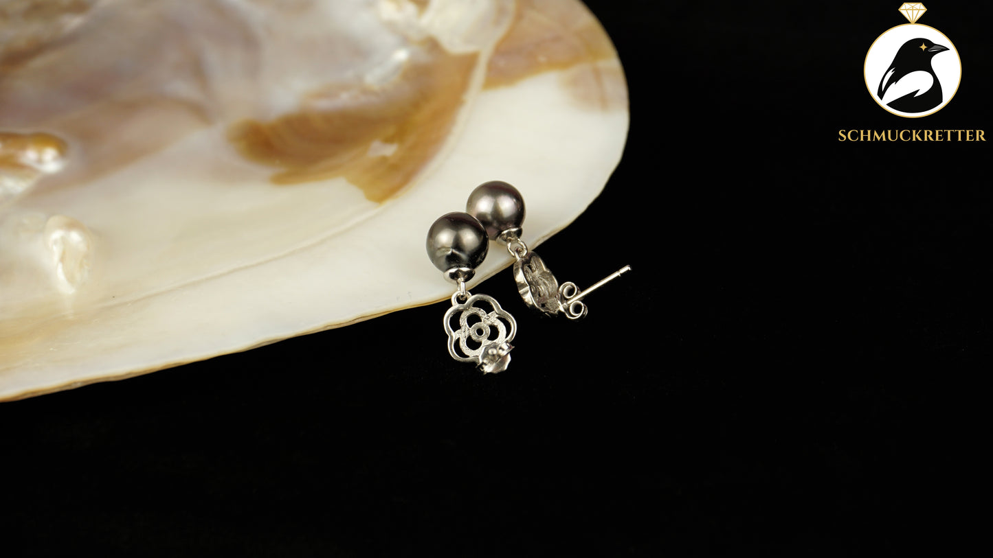Tahitiperlen Ohrringe mit floraler 925 Silber Fassung