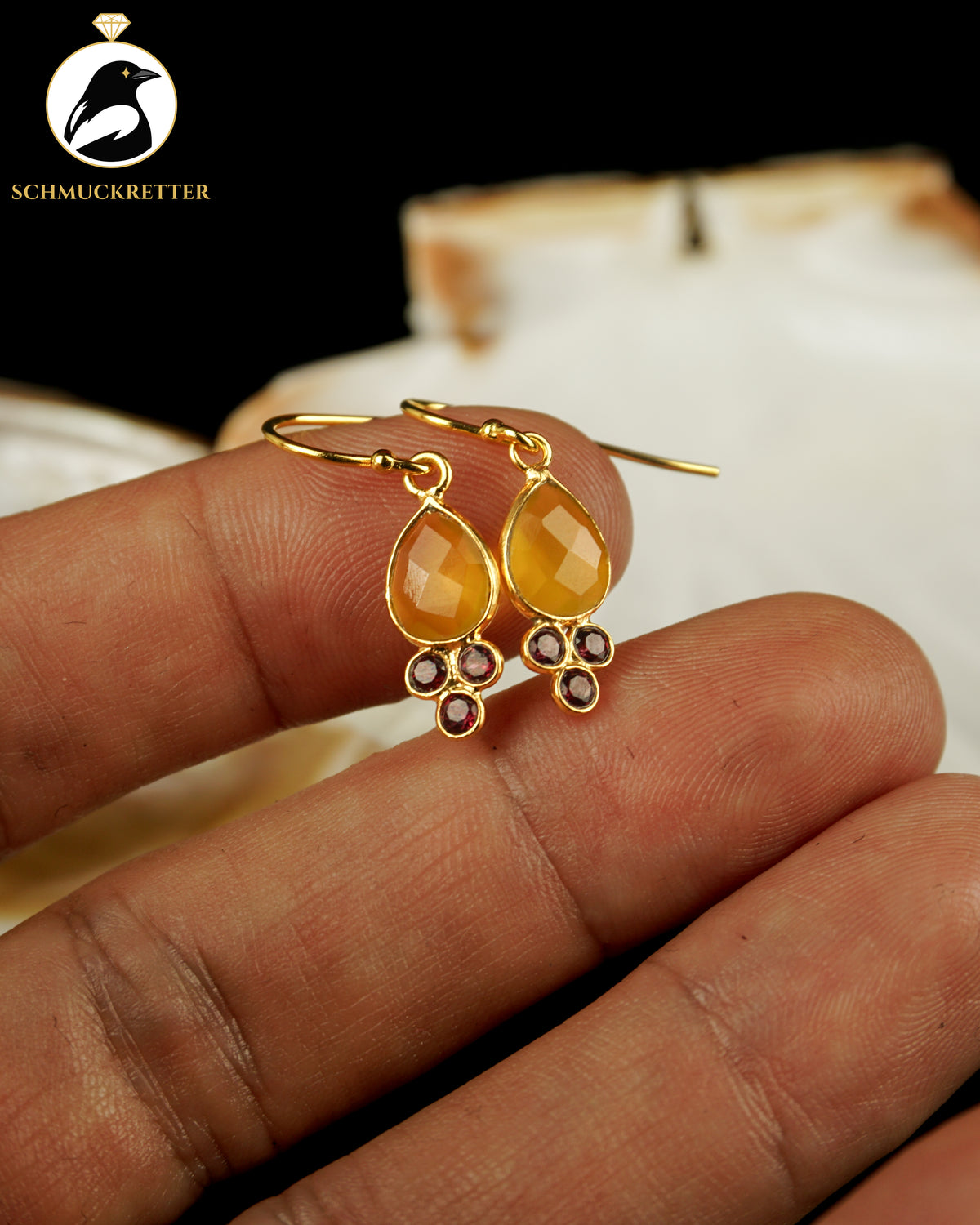 Vergoldete Tropfenohrringe mit gelbem Chalcedon & Granat | 925 Silber Brisur