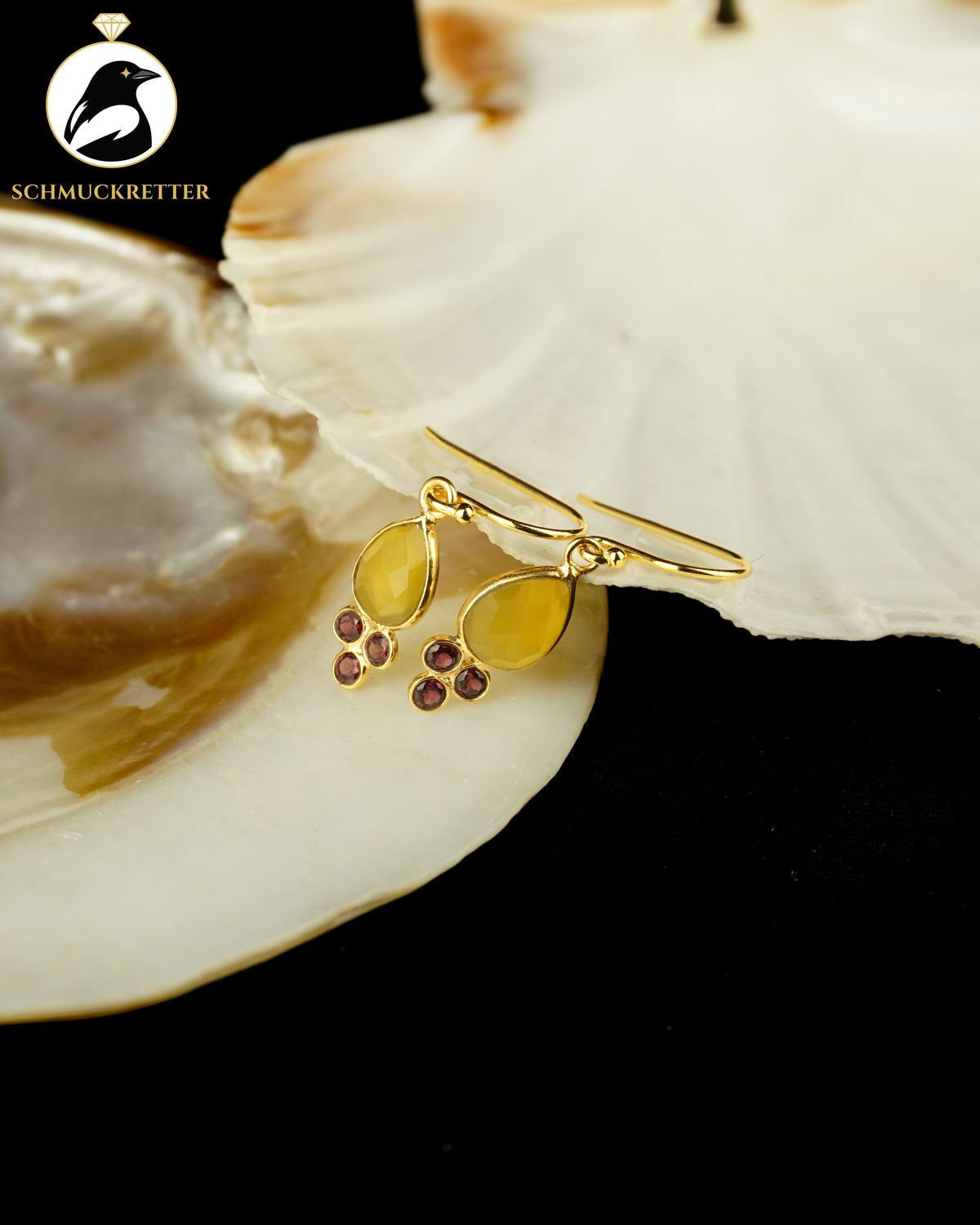 Vergoldete Tropfenohrringe mit gelbem Chalcedon & Granat | 925 Silber Brisur