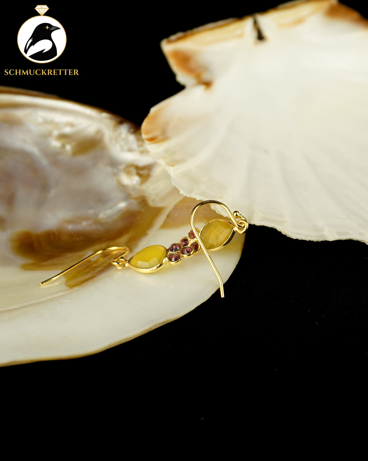 Vergoldete Tropfenohrringe mit gelbem Chalcedon & Granat | 925 Silber Brisur