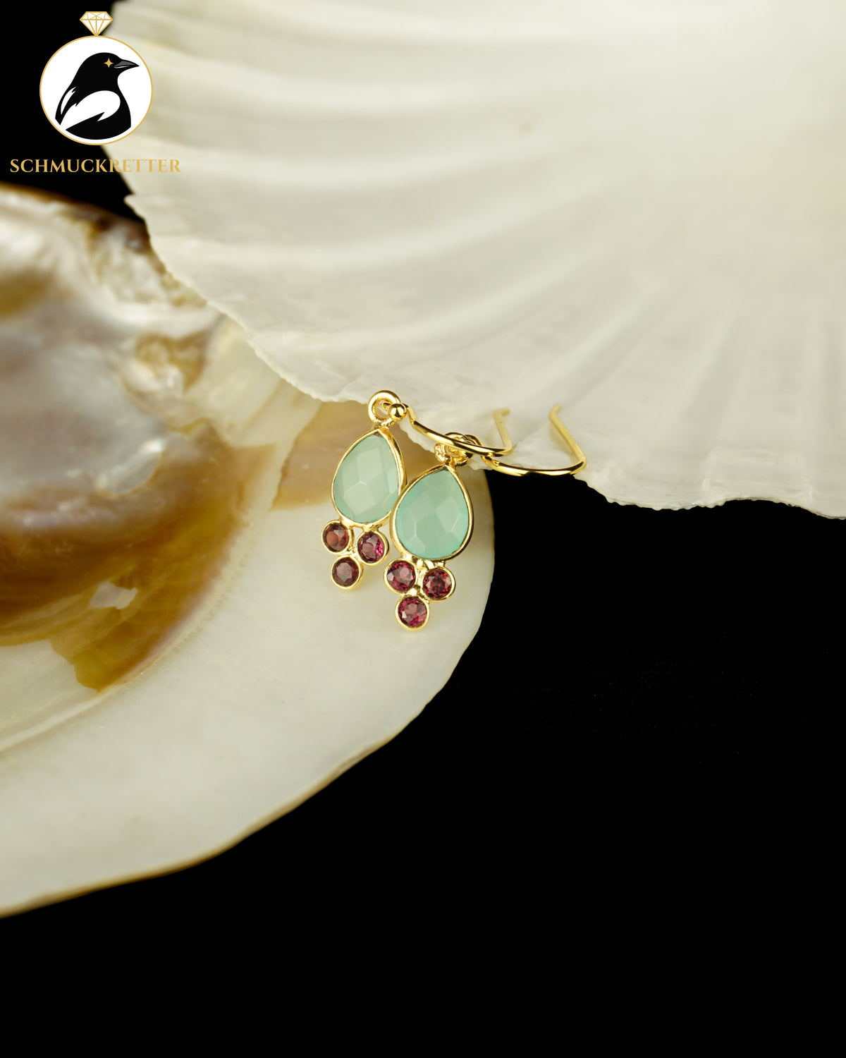 Vergoldete Tropfenohrringe mit Chalcedon & Granat | 925 Silber Brisur