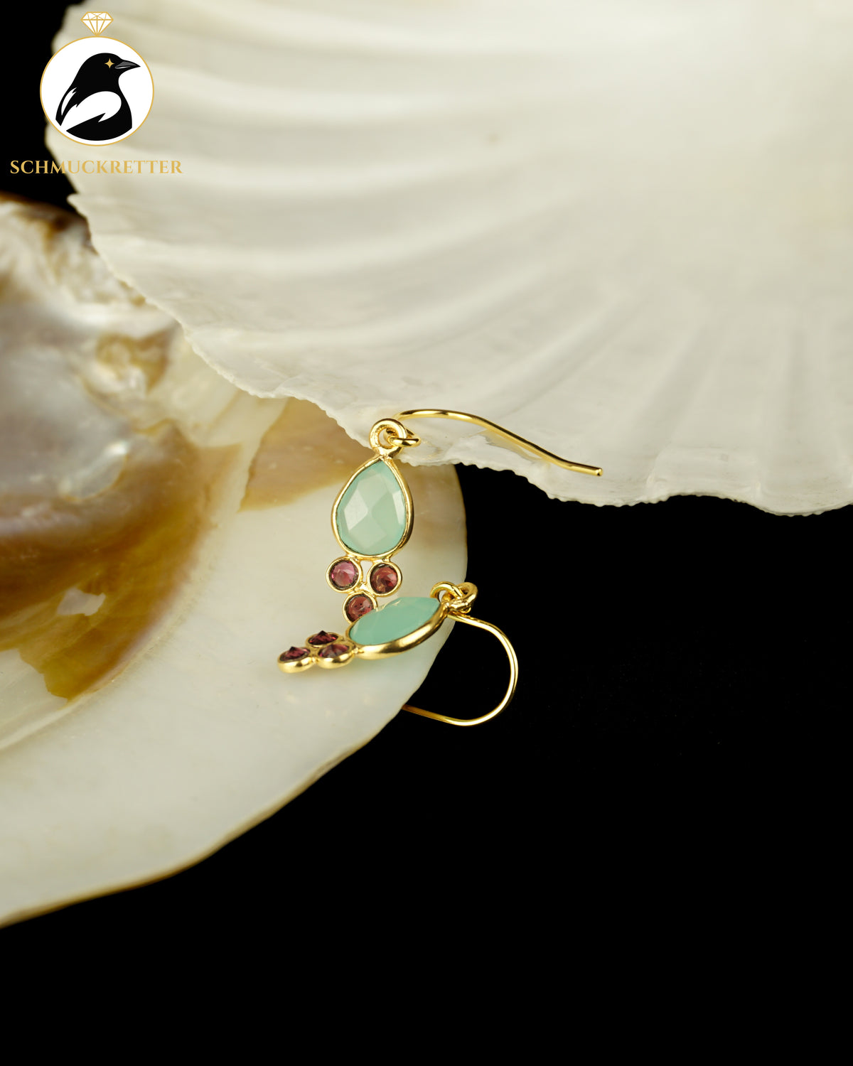 Vergoldete Tropfenohrringe mit Chalcedon & Granat | 925 Silber Brisur