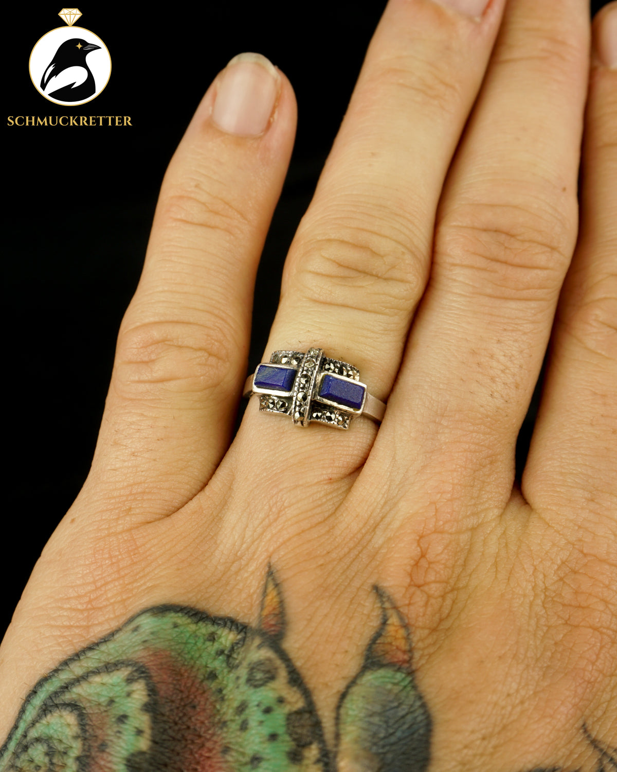 925 Silber Ring mit Lapislazuli & Markasiten, Gr. 55