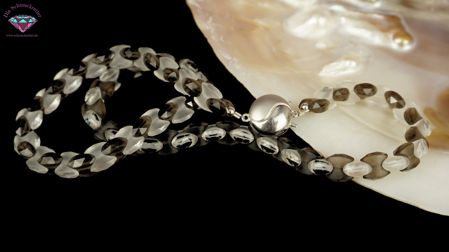 Facettierte Glassteinkette (klar & rauchgrau) mit 925 Silber Verschluss