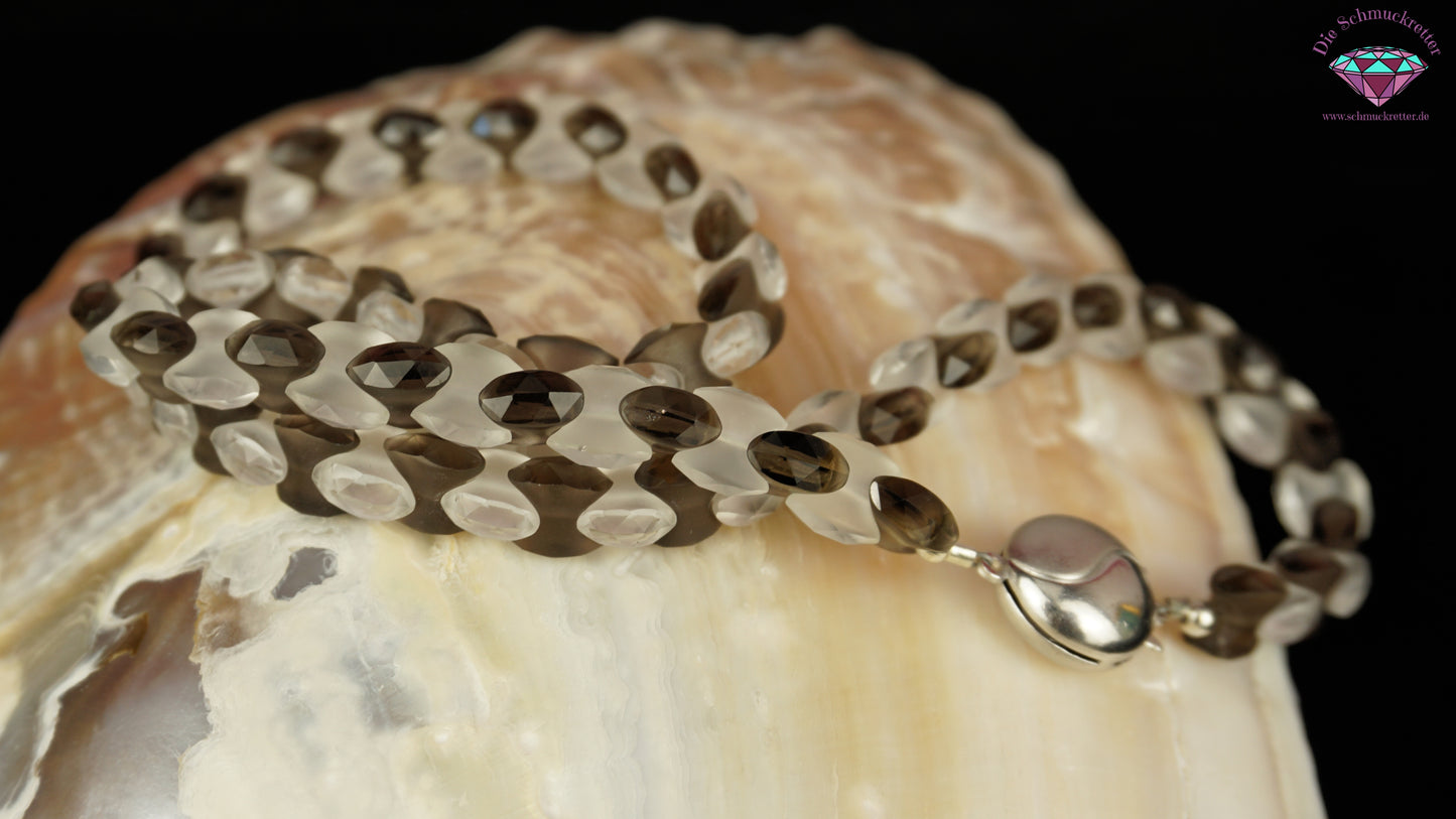 Facettierte Glassteinkette (klar & rauchgrau) mit 925 Silber Verschluss