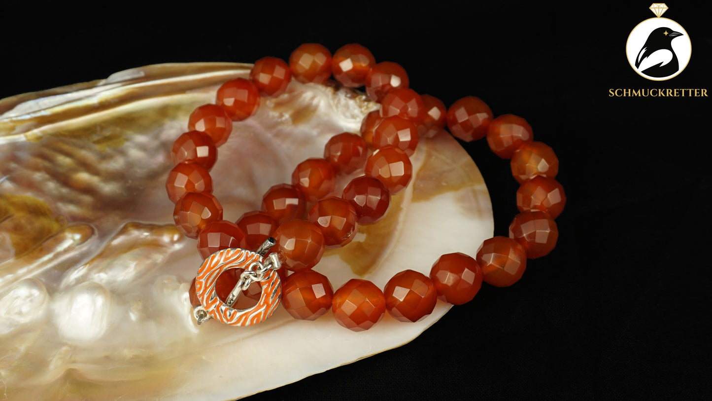 Karneol Kette von David Sigal, emaillierter 925 Silber Verschluss, SALE