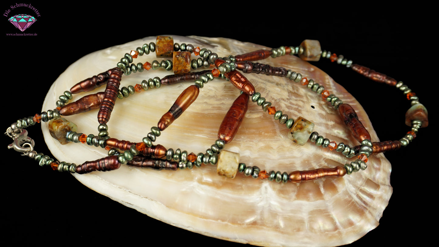 Lange Halskette aus Jaspis, Biwa-, Glas-, und Süßwasserperlen - 925 Silber Verschluss