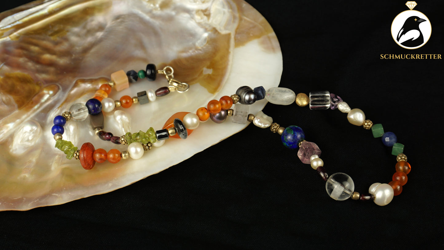 Boho Kette aus bunten Edelsteinen & 925 Silber, SALE