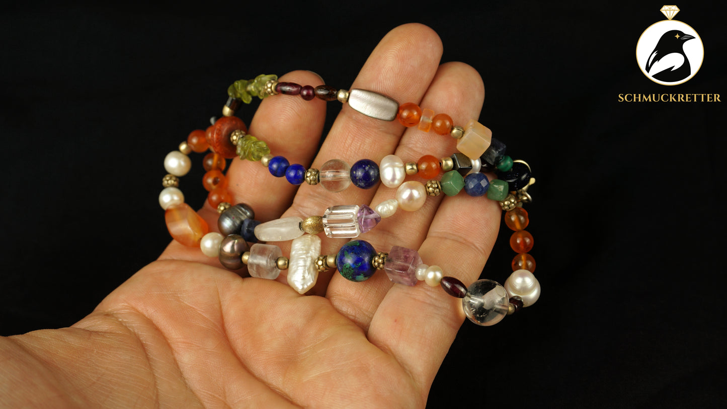 Boho Kette aus bunten Edelsteinen & 925 Silber, SALE
