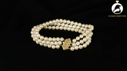 Dreireihiges Akoya-Perlenarmband aus 585 Gold
