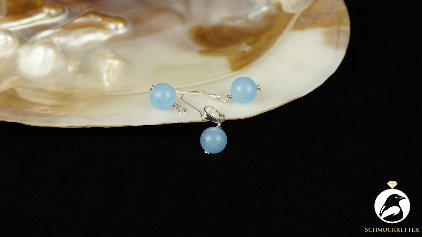 Blauer Beryll Set - 925 Silber - Anhänger + Ohrringe