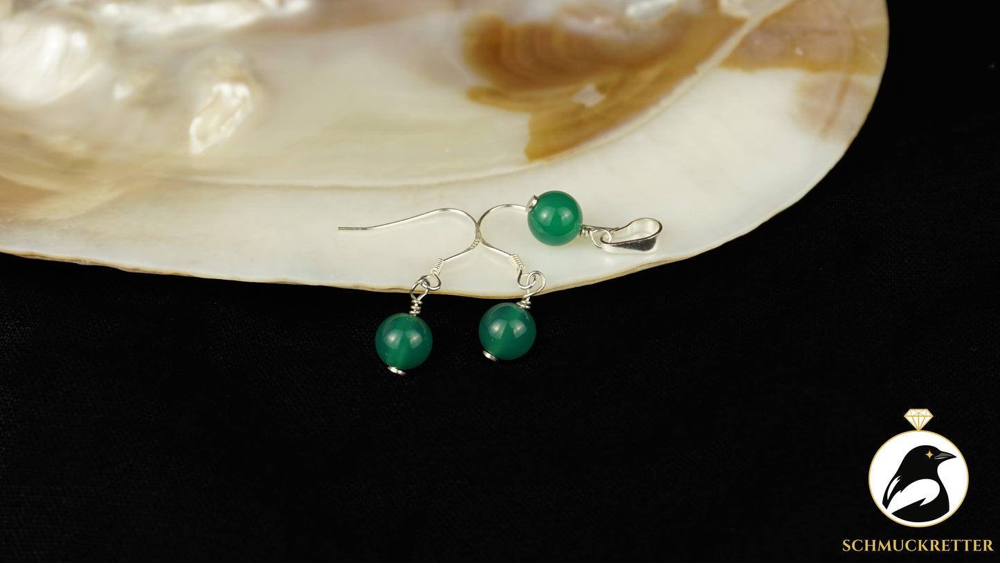 Grüner Achat Set - 925 Silber - Anhänger + Ohrringe