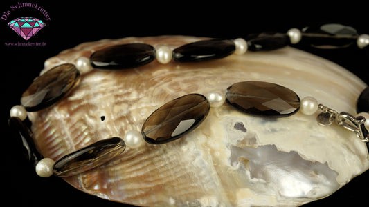 Kette mit Rauchquarz & Süßwasserperlen - 925 Silber Herzverschluss