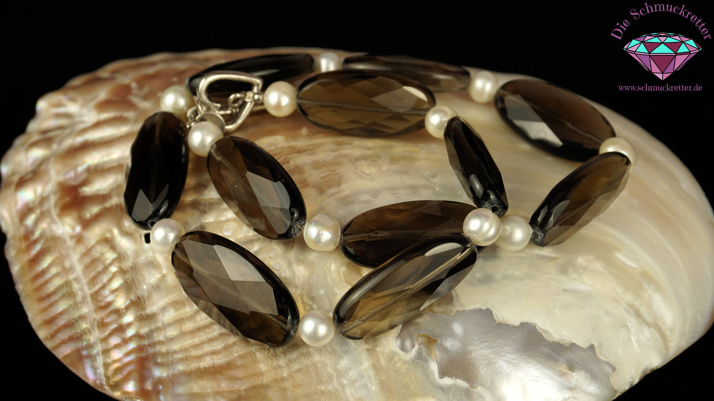 Kette mit Rauchquarz & Süßwasserperlen - 925 Silber Herzverschluss