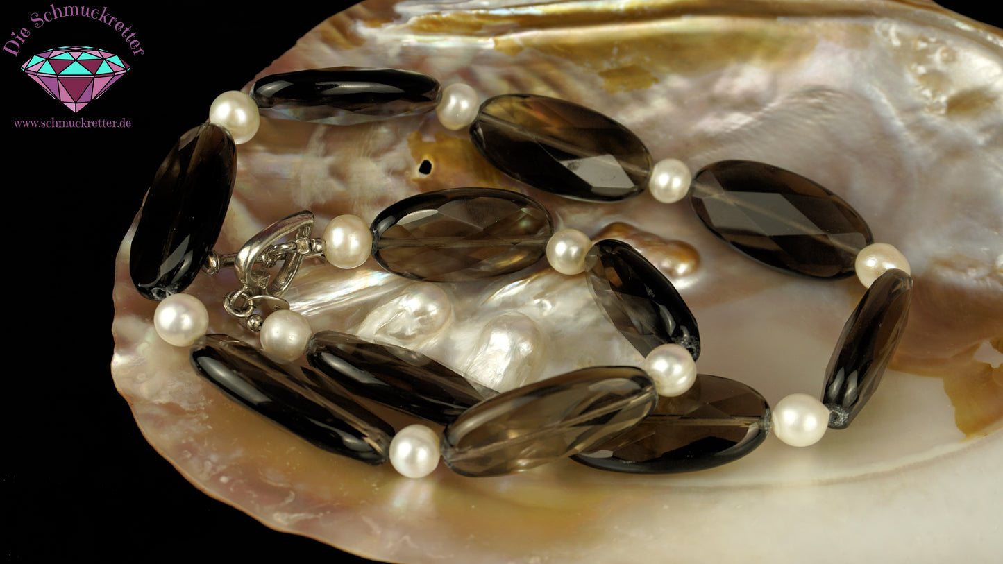 Kette mit Rauchquarz & Süßwasserperlen - 925 Silber Herzverschluss