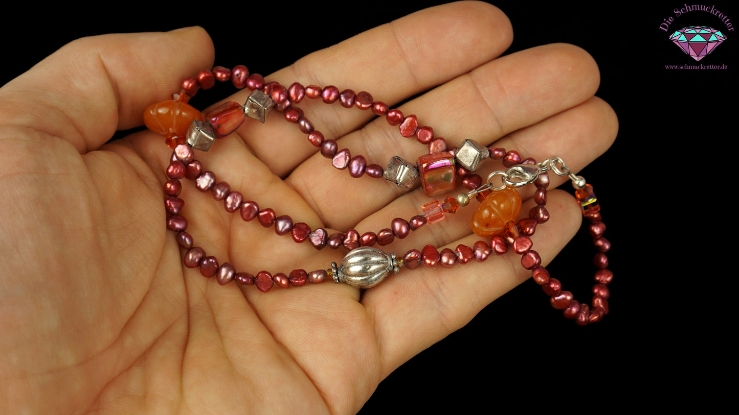 Perlenkette mit Karneol, Perlmutt & 925 Silber Verschluss - pink & orange