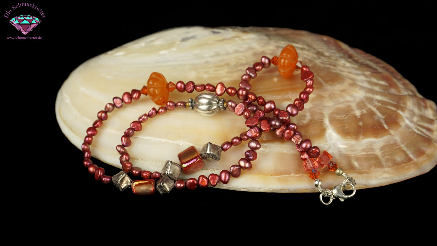Perlenkette mit Karneol, Perlmutt & 925 Silber Verschluss - pink & orange