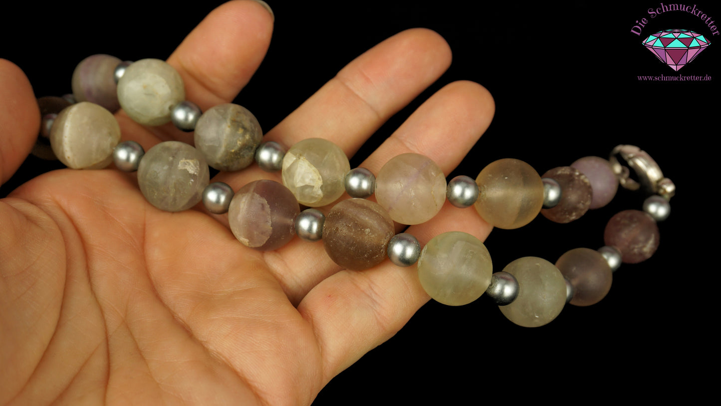 Fluorit Kette mit großem 925 Silber Verschluss & Süßwasserperlen - massives Schmuckstück, SALE