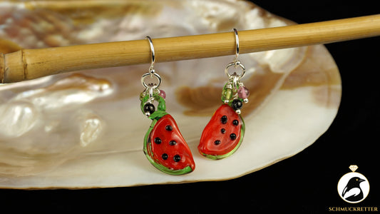 Verspielte Wassermelonen-Ohrringe aus 925 Silber mit kleinen Turmalinen 🍉