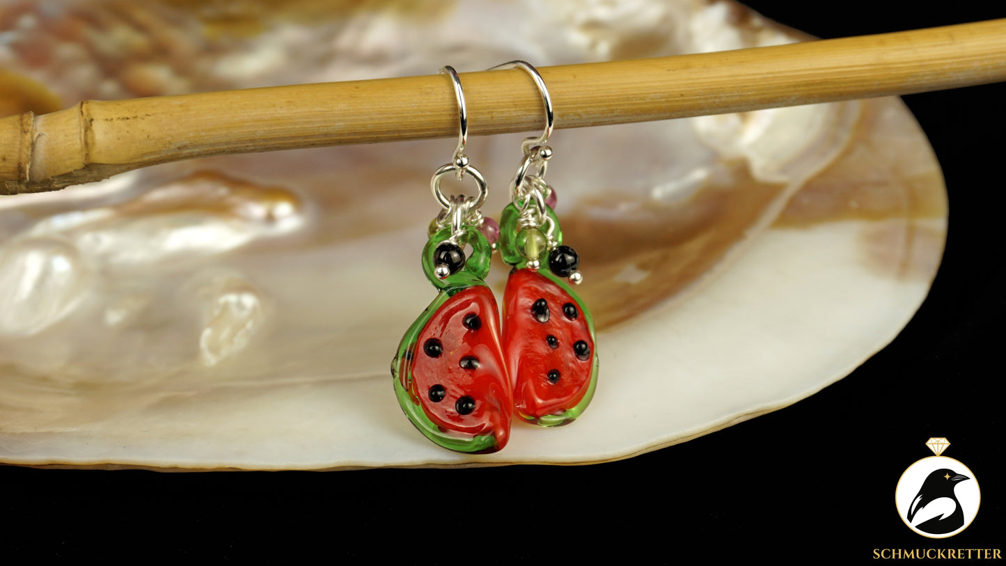 Verspielte Wassermelonen-Ohrringe aus 925 Silber mit kleinen Turmalinen 🍉