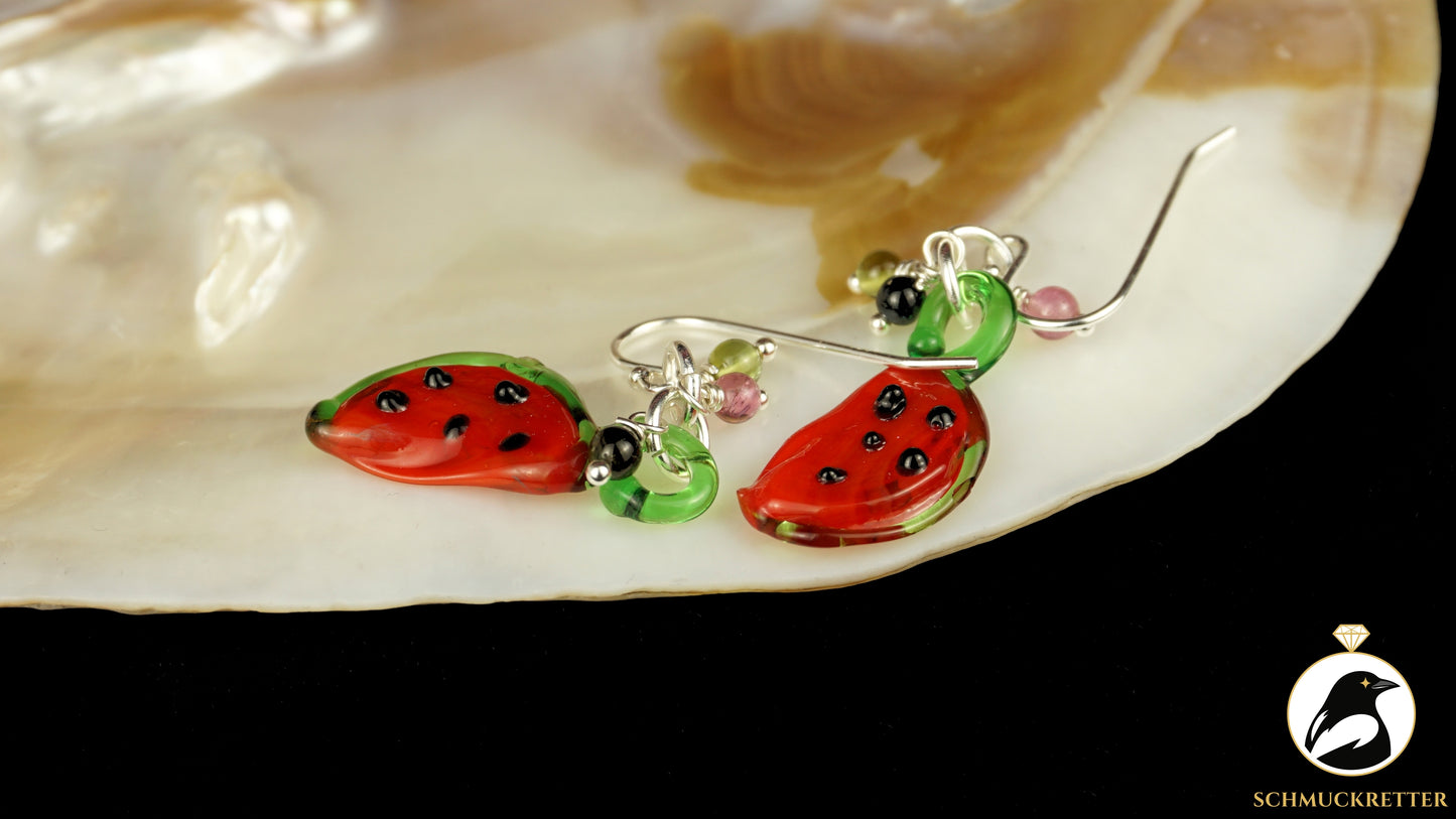 Verspielte Wassermelonen-Ohrringe aus 925 Silber mit kleinen Turmalinen 🍉