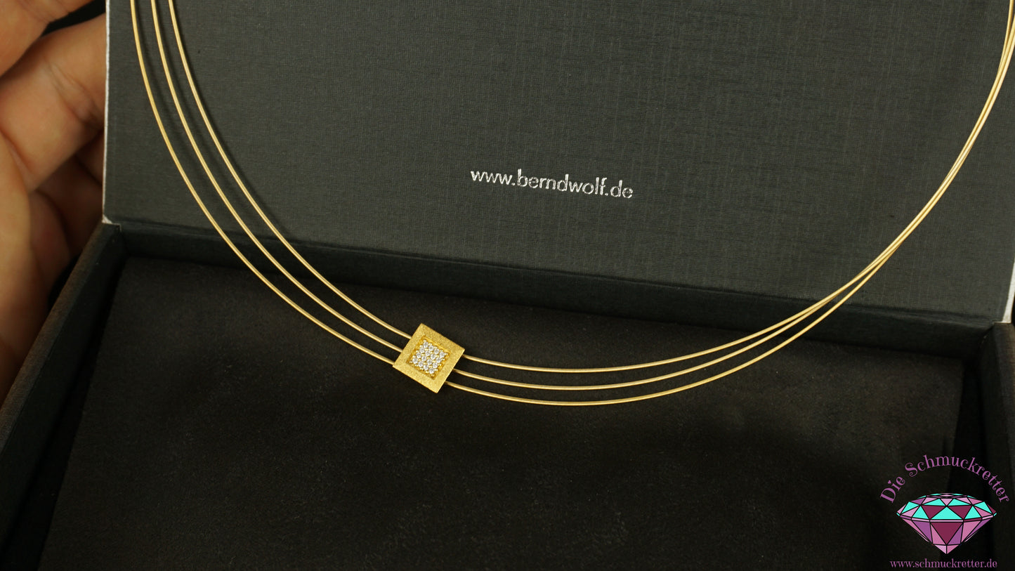 Bernd Wolf Collier, 3-reihig, 925 Silber vergoldet & mattiert - mit Zirkonia-Pavé Anhänger