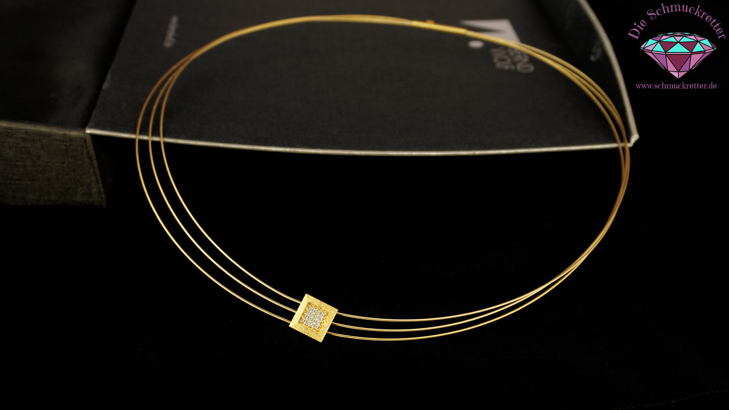 Bernd Wolf Collier, 3-reihig, 925 Silber vergoldet & mattiert - mit Zirkonia-Pavé Anhänger