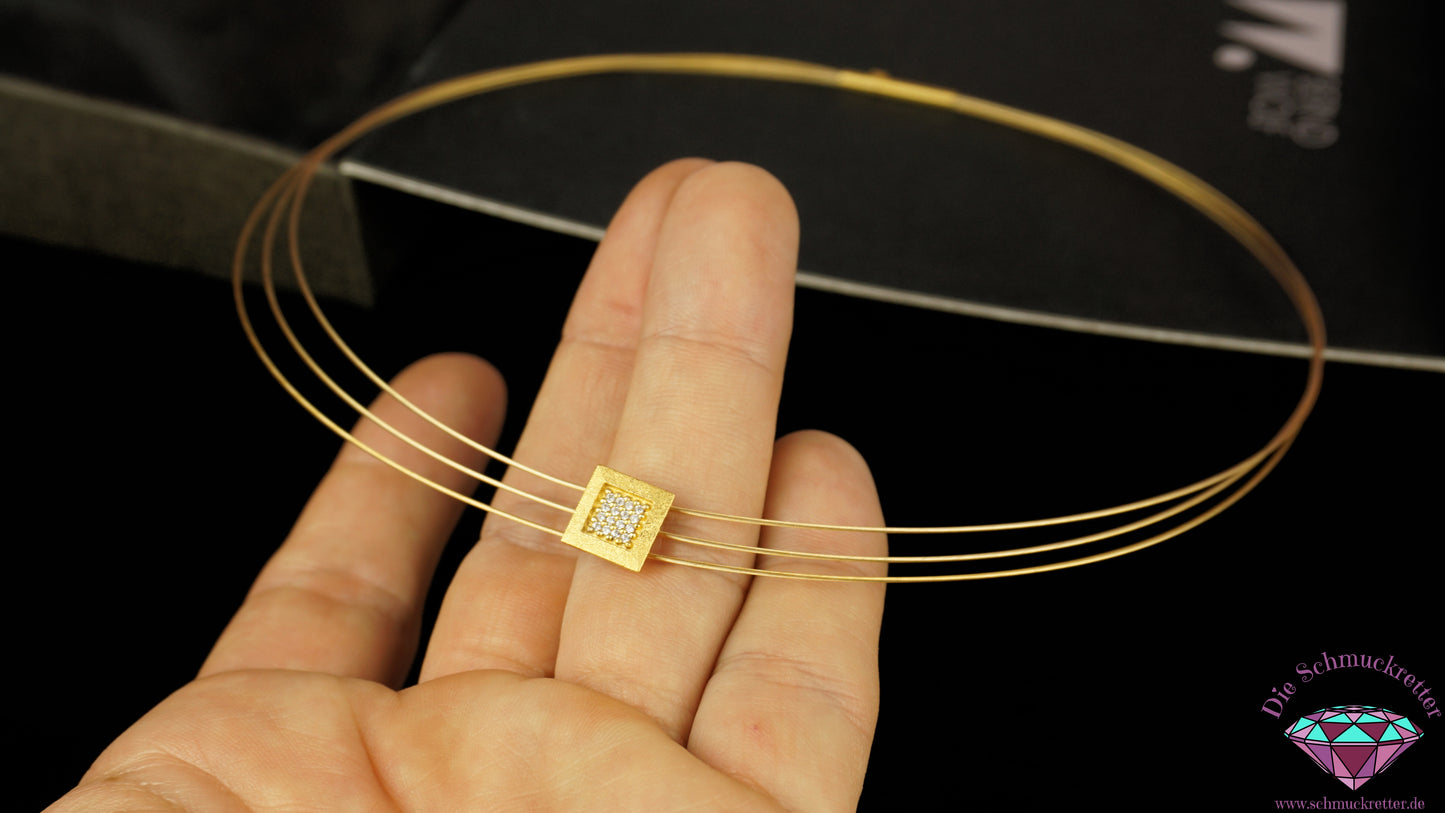 Bernd Wolf Collier, 3-reihig, 925 Silber vergoldet & mattiert - mit Zirkonia-Pavé Anhänger