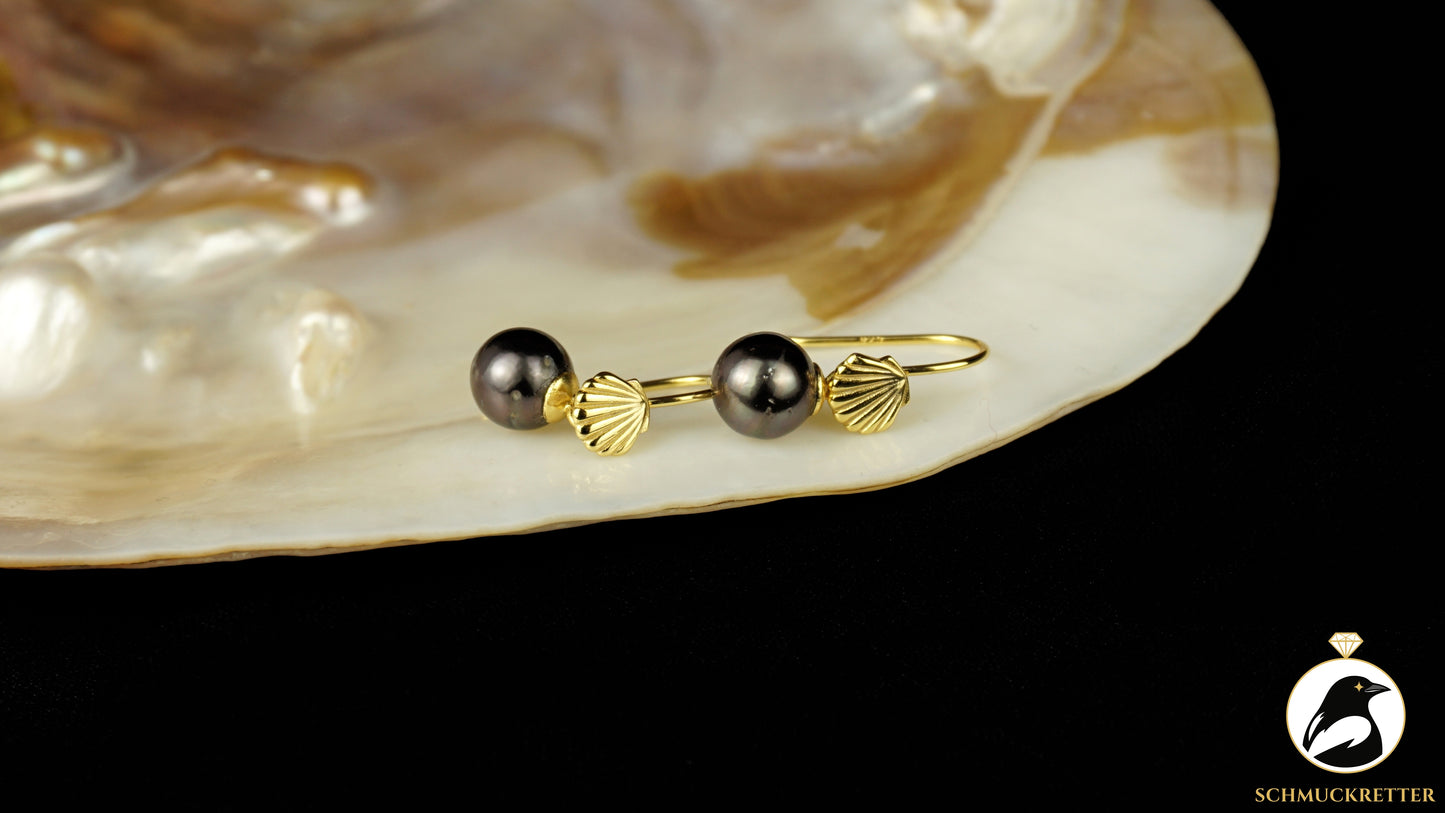 Tahitiperlen Ohrringe mit vergoldeter Muschelbrisur - 925 Silber