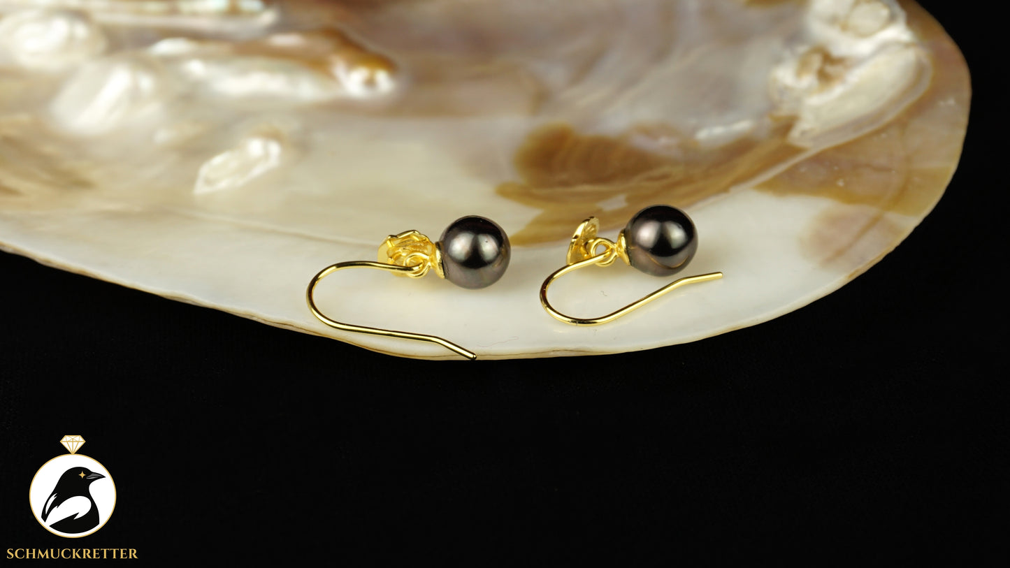 Tahitiperlen Ohrringe mit vergoldeter Muschelbrisur - 925 Silber