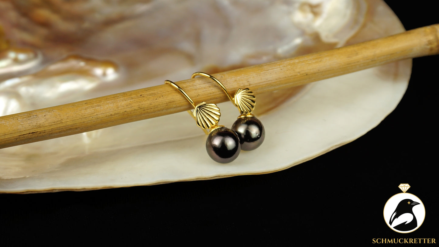 Tahitiperlen Ohrringe mit vergoldeter Muschelbrisur - 925 Silber