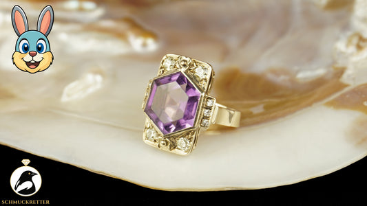 Cocktailring Vintage aus 585 Gold mit Amethyst & Diamanten, Gr. 52