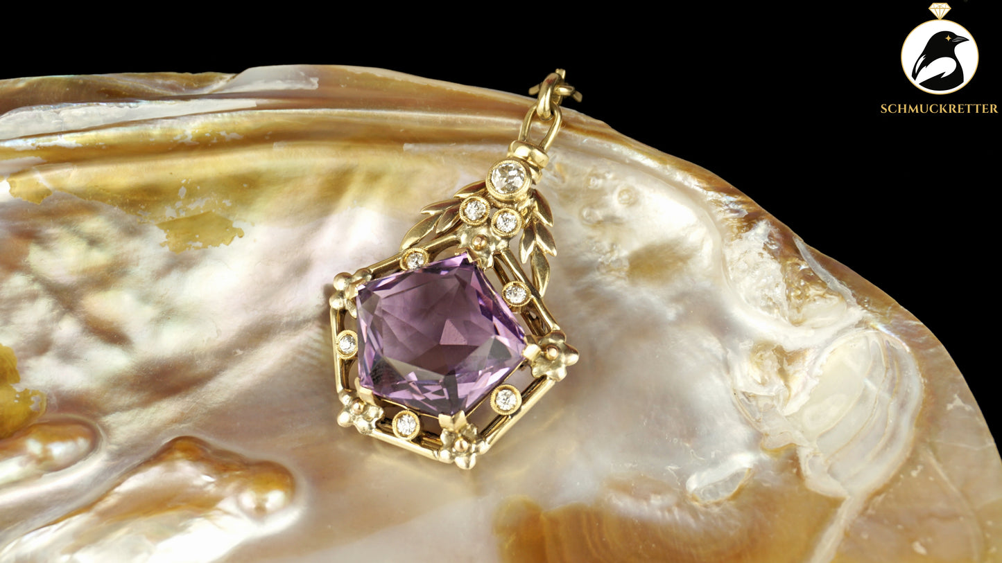 Anhänger aus 585 Gelbgold mit Amethyst & Diamanten - Vintage Goldschmiedearbeit, SALE
