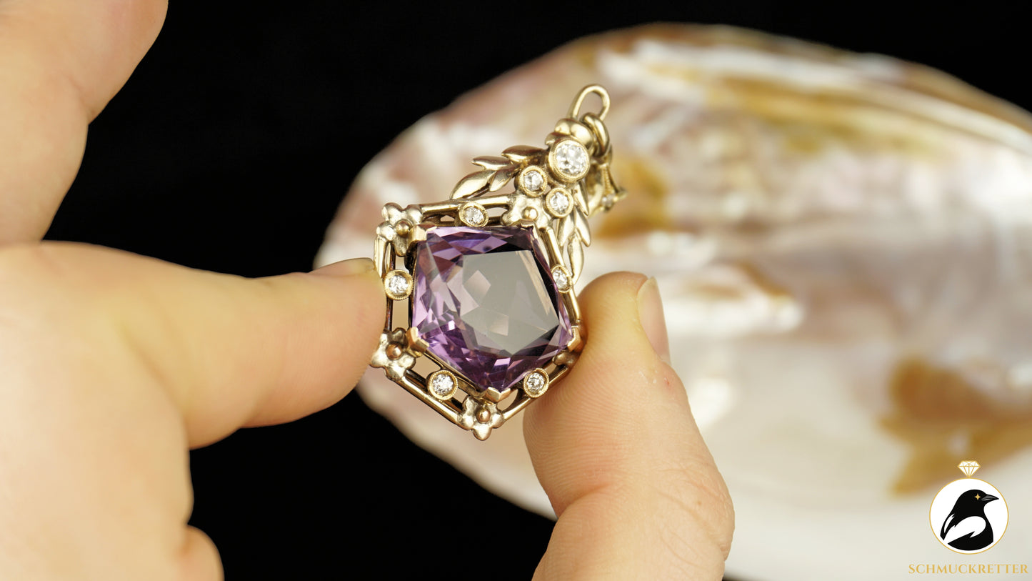 Anhänger aus 585 Gelbgold mit Amethyst & Diamanten - Vintage Goldschmiedearbeit, SALE