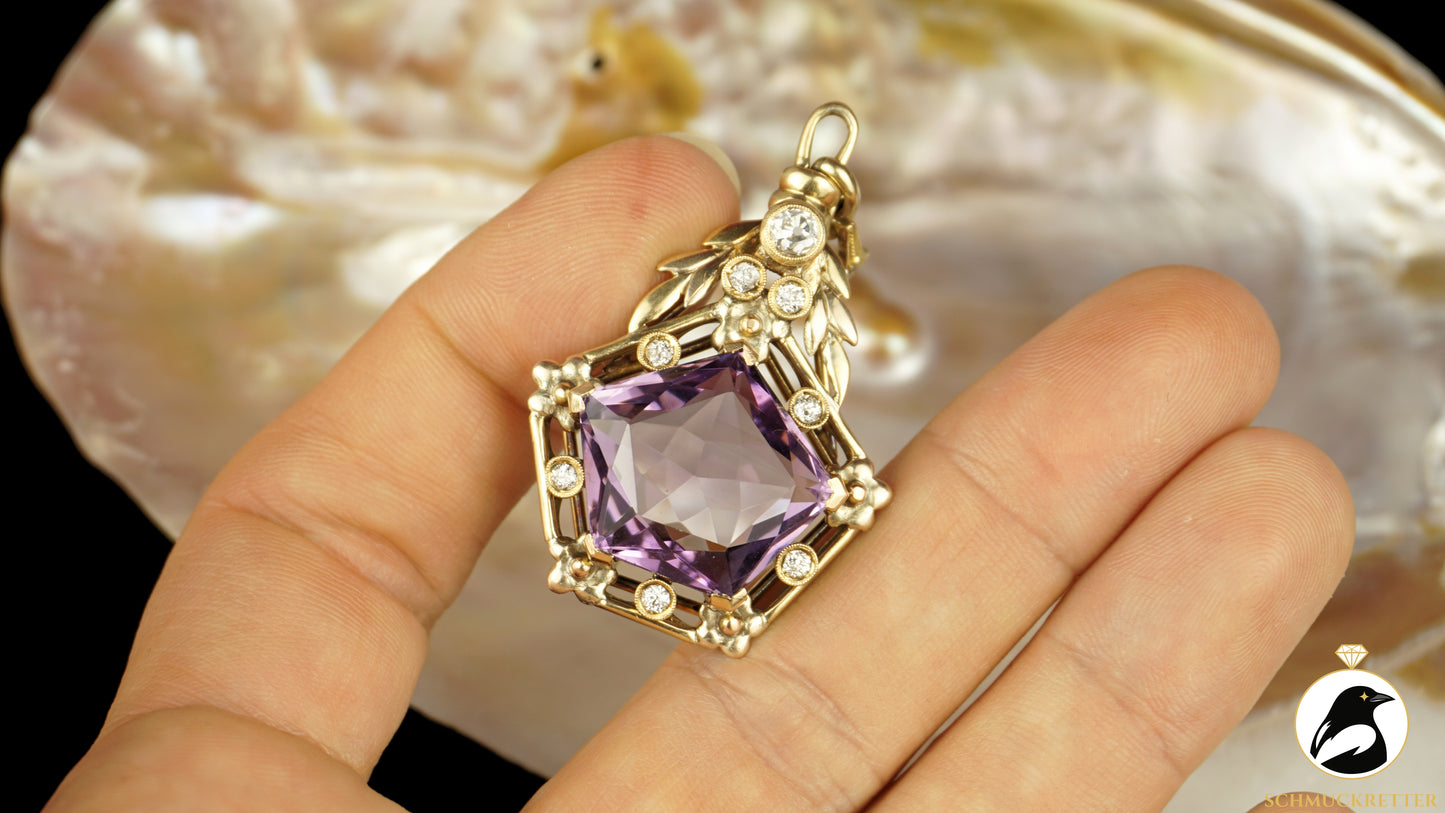 Anhänger aus 585 Gelbgold mit Amethyst & Diamanten - Vintage Goldschmiedearbeit, SALE