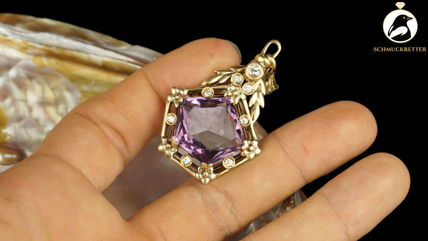 Anhänger aus 585 Gelbgold mit Amethyst & Diamanten - Vintage Goldschmiedearbeit, SALE