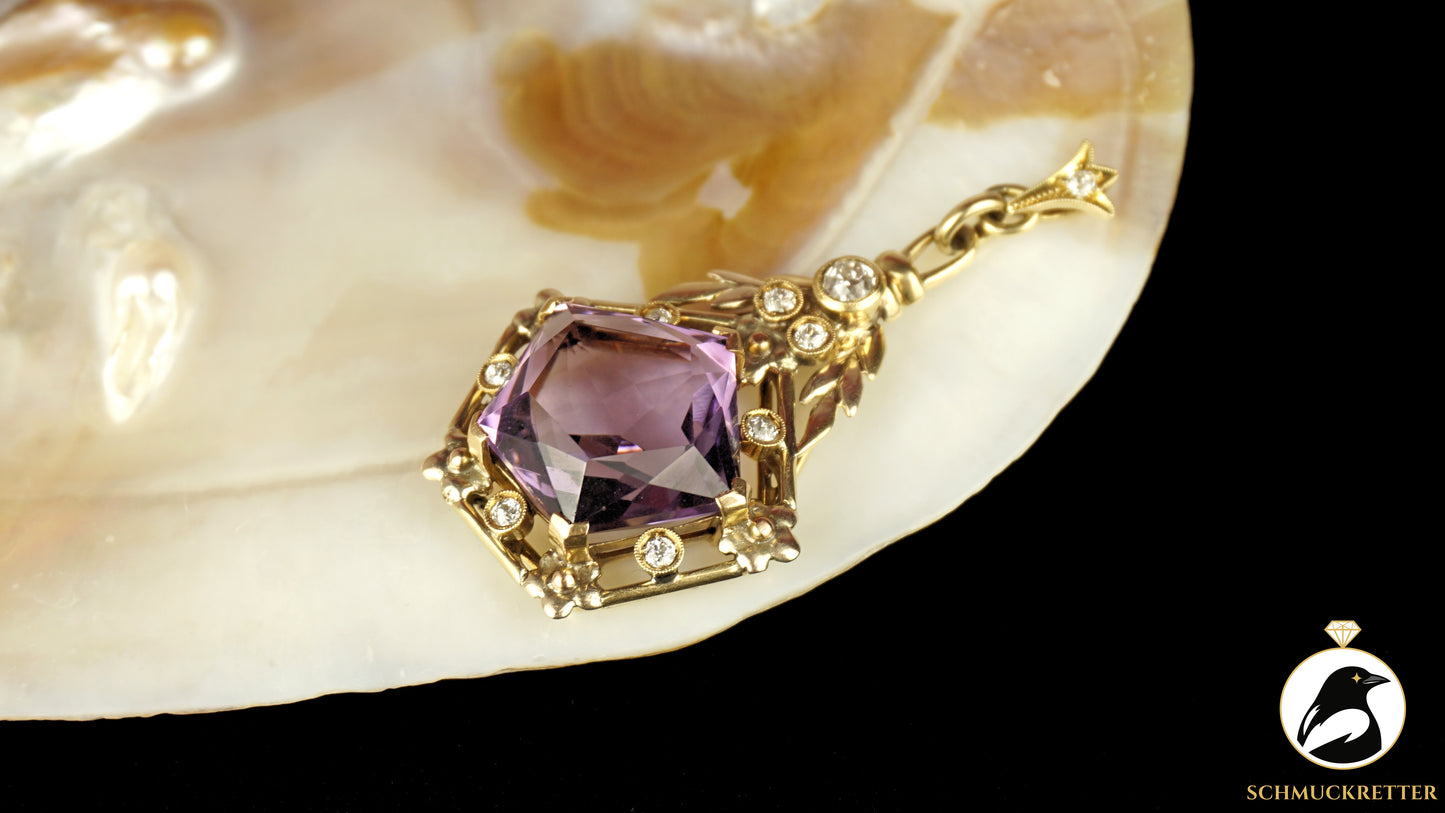 Anhänger aus 585 Gelbgold mit Amethyst & Diamanten - Vintage Goldschmiedearbeit, SALE